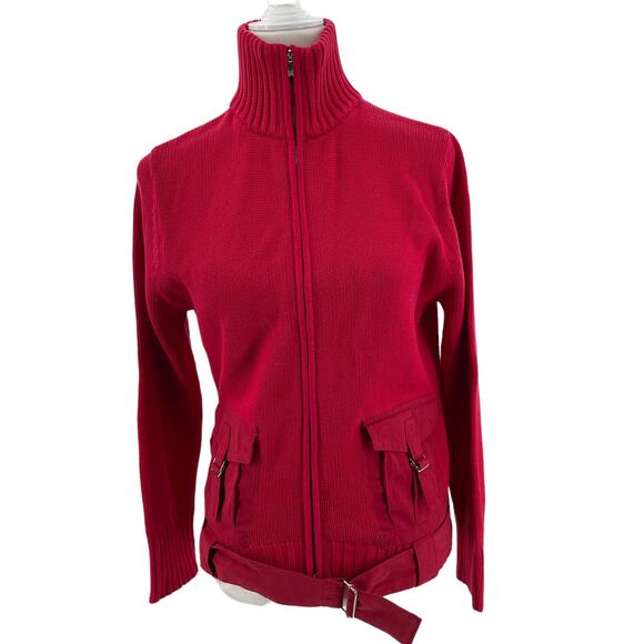 Adolfo Dominquez Red Knit Pockets Belted Designer Sweater Zip Jacket Women L NWT - Picture 1 of 12